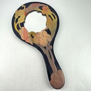 Vintage Hand Carved Wood Painted Large 14" hand mirror tropical bird